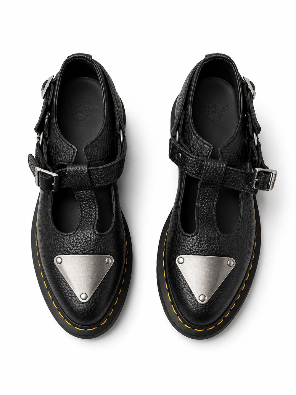 Dr. Martens Black Leather Mary-Jane Sandals with Yellow Stitching